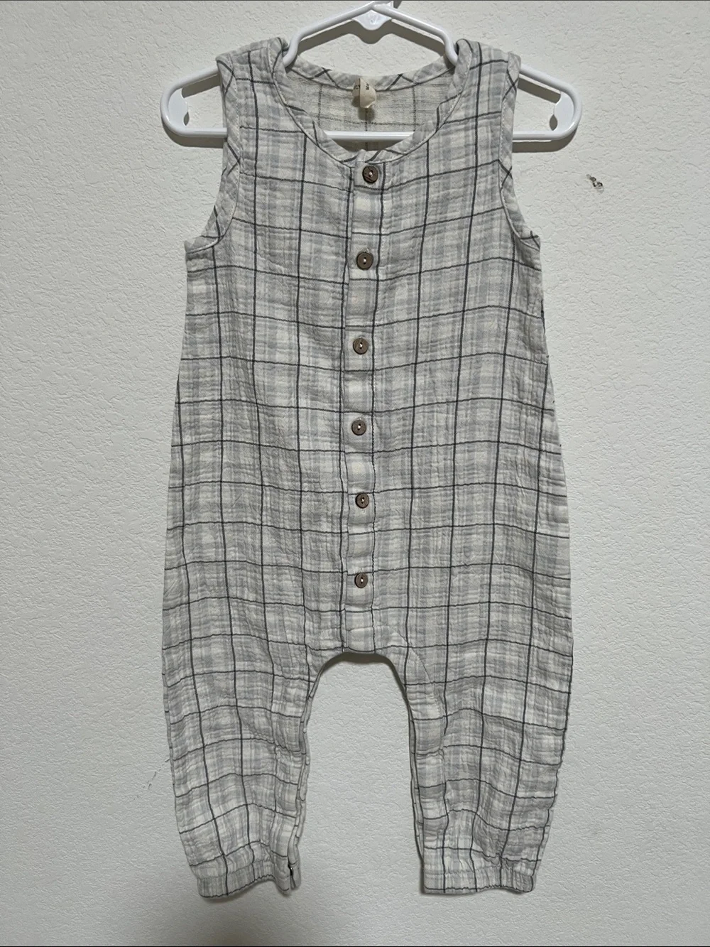 Quincy Mae 18-24 mos Light Gray Plaid Button Romper organic cotton